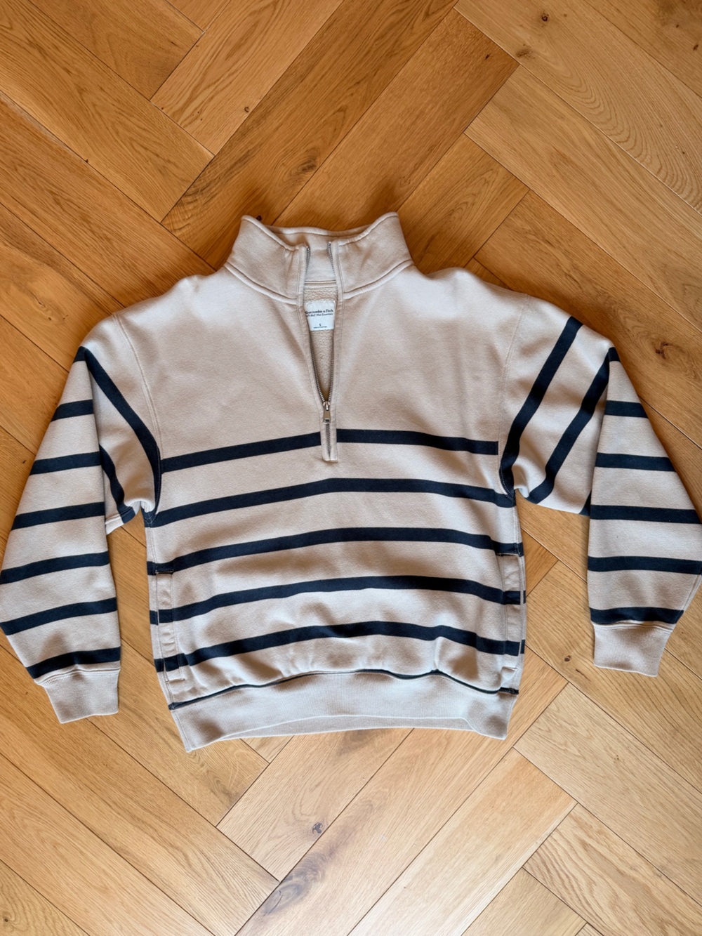 Abercrombie & Fitch Beige and Navy Striped Half-Zip Sweater